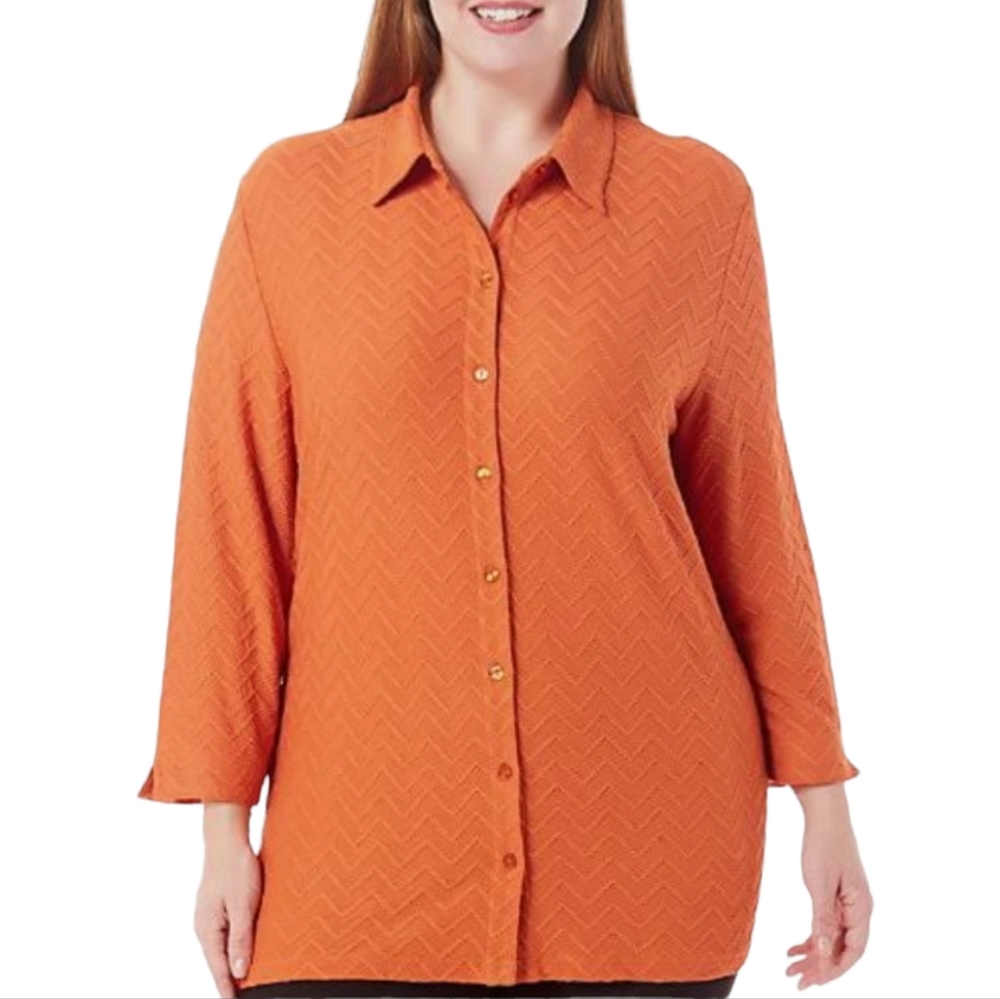 Alia Plus Chevron Textured Button Front Shirt Spice 2X NWT
